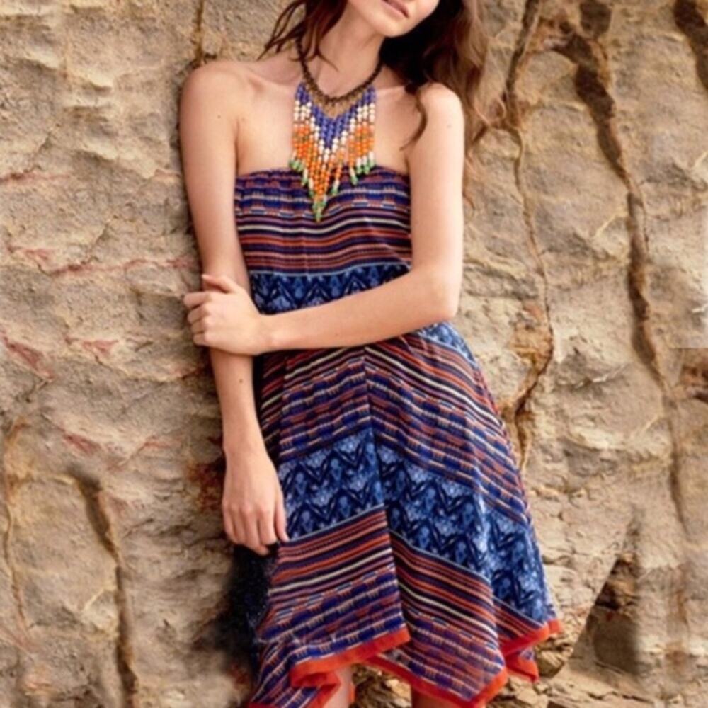 Anthropologie Maeve Urcos Bliss Tribal Strapless Fit& Flare Navy/Coral Dress